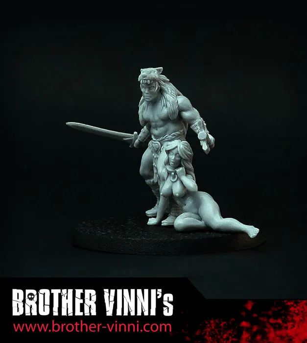Brother Vinni Barbarian with Girl figurine résine 28 mm deux pièces