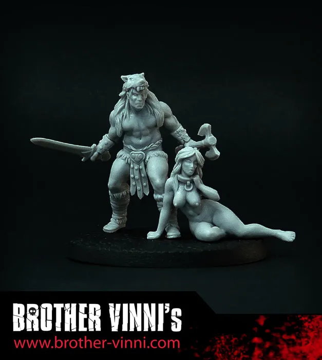Brother Vinni Barbarian with Girl figurine résine 28 mm deux pièces