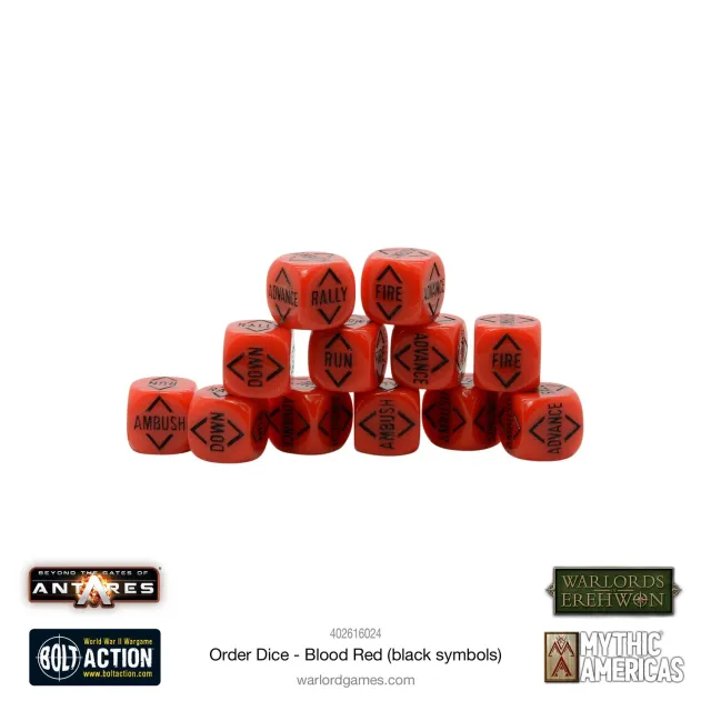 Bolt Action Order Dice Blood Red (Black Symbols) dés rouges 12 pièces