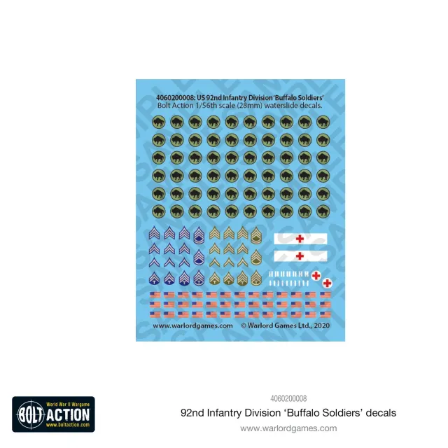 Bolt Action 92nd Infantry Division decal sheet décalcomanies US