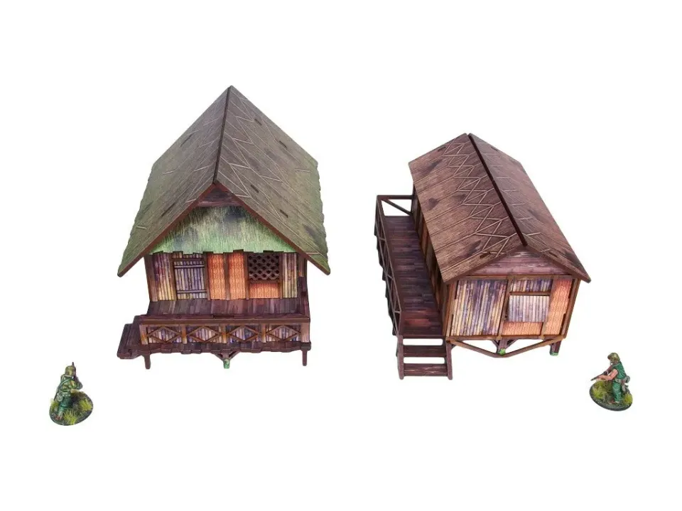 Bolt Action Pre-Painted WW2 Pacific Jungle Huts (2) décors prépeints 28-30 mm