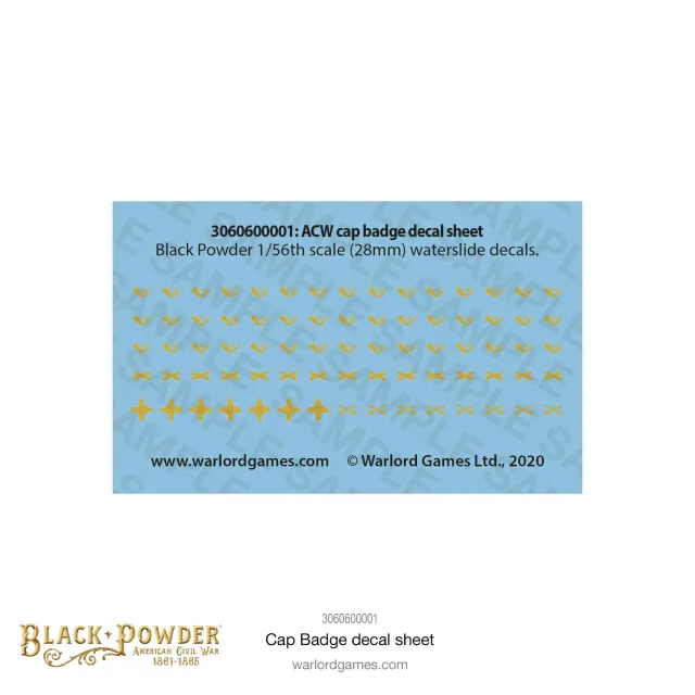 Bolt Action ACW Cap badge Decal Sheet décalcomanies 28 mm Union Confédérés