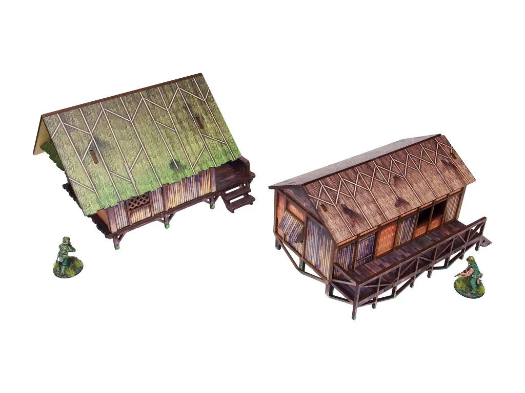Bolt Action Pre-Painted WW2 Pacific Jungle Huts (2) décors prépeints 28-30 mm