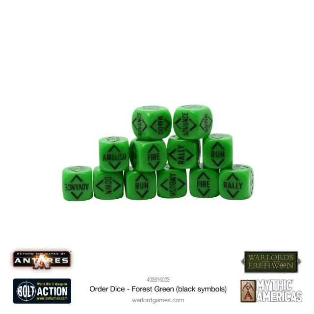 Bolt Action Order Dice dés vert forêt 12 pièces symboles noirs