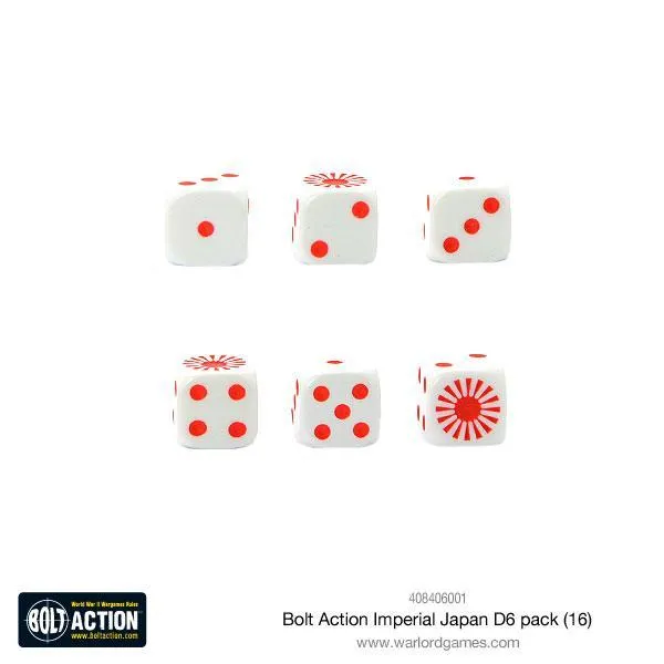 Bolt Action Imperial Japanese D6 pack dés 16 pièces blanc et rouge