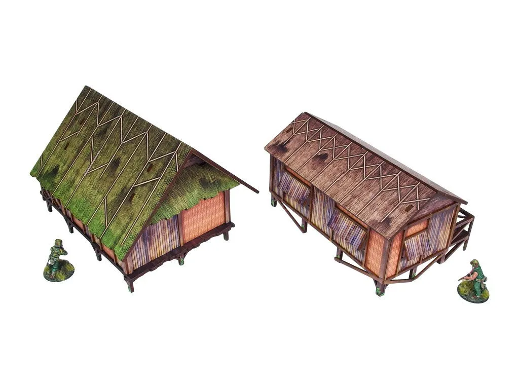 Bolt Action Pre-Painted WW2 Pacific Jungle Huts (2) décors prépeints 28-30 mm