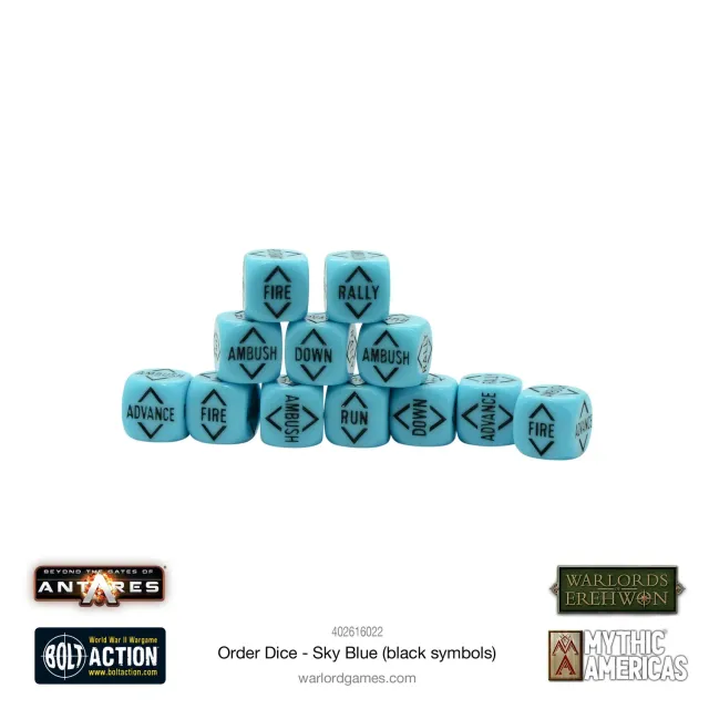 Bolt Action Order Dice Sky Blue Black Symbols dés d’ordre 12 pièces