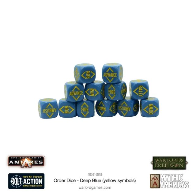 Bolt Action Order Dice dés bleu profond symboles jaunes x12