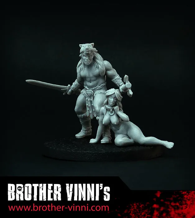 Brother Vinni Barbarian with Girl figurine résine 28 mm deux pièces